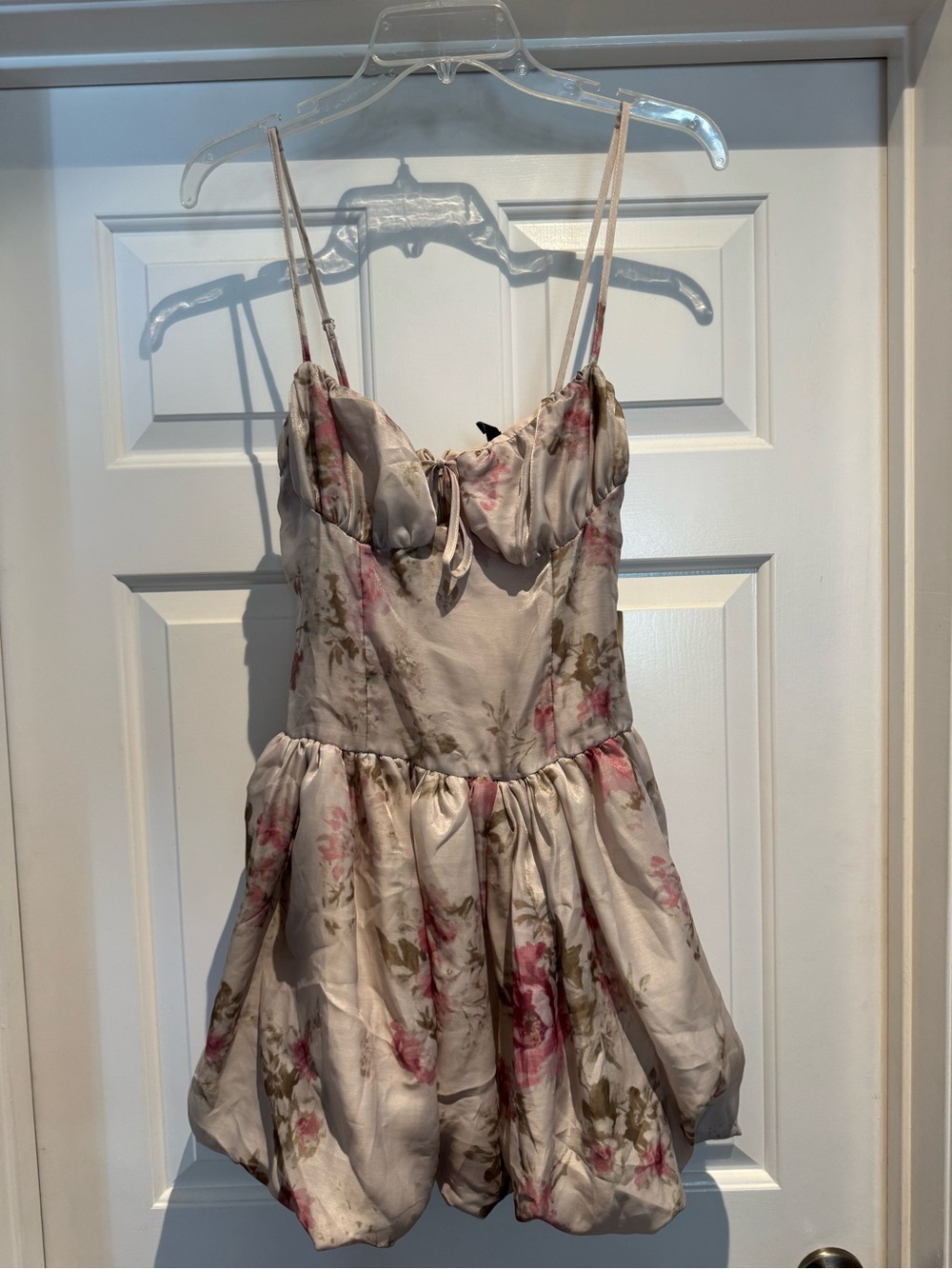 Floral Satin Mini Dress in Cream and Pink - Women’s Dress